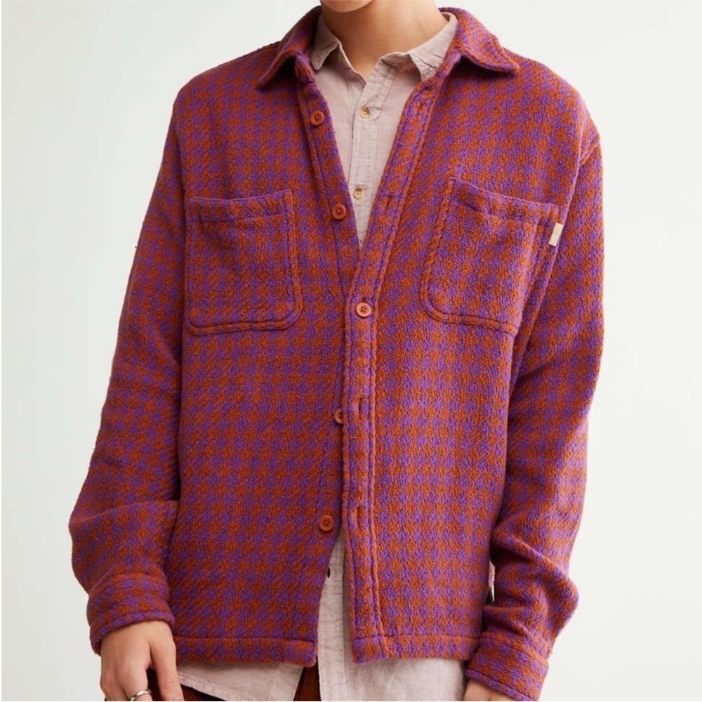 UO Large Houndstooth Shirt orange Purple Multi Button Up Flannel Long Sleeve M